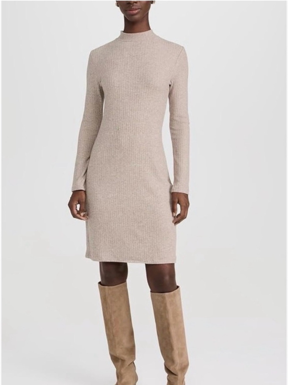 Vince Beige Ribbed Long-Sleeve Mock Neck Sweater Dress